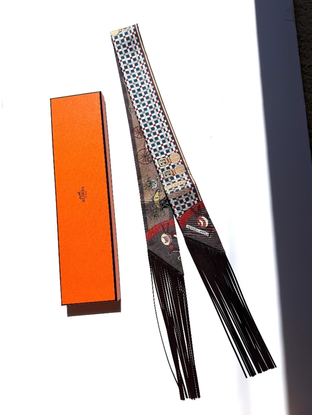 HERMES Les Voitures Nouvelles Bleu Rouge H Marron Glace Silk Calfskin Scarf